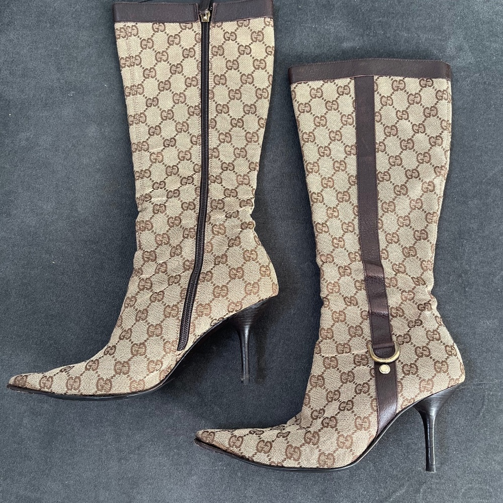 Gucci beige, brown and leather, canvas GG logo tall boots